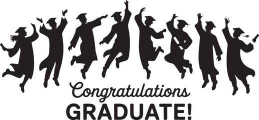 Graduate Silhouette Vector Art, Celebration Jump Illustration, Education Milestone Graphic, Congrats Icon Design, Graduation Cap Gown Collection