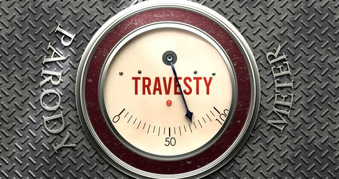 Travesty and Parody meter that is hitting a full scale, showing a very high level of travesty, overload of it, too much of it. Maximum value, off the charts.