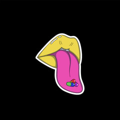 Psyhedelic sticker, yellow lips with a tongue sticking out, holding colorful pills. Artwork with vibrant colors and imaginative, conceptual design.