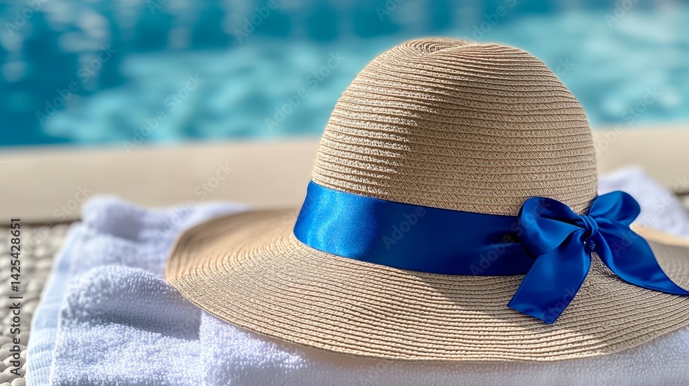 Poster straw hat with a blue ribbon sits on a towel by a pool. the hat is open and the ribbon is tied in a 