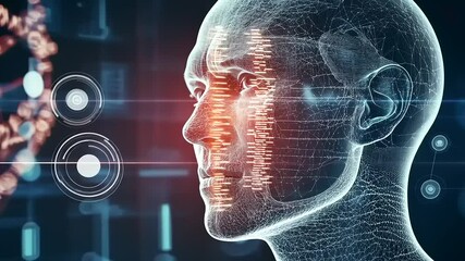 Futuristic depiction of a human face with digital overlays and DNA structure - Powered by Adobe