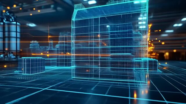 Digital representation of a factory with glowing wireframe model, emphasizing technological advancements and data-driven insights