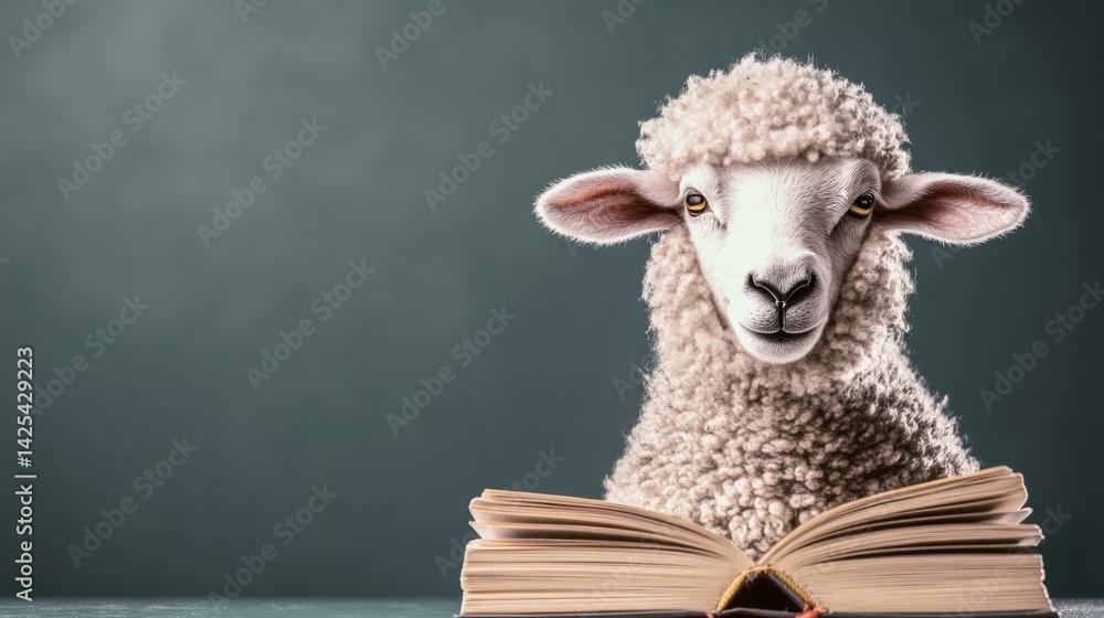 Poster sheep is sitting on top of an open book. the sheep is looking at the camera with a curious expressio