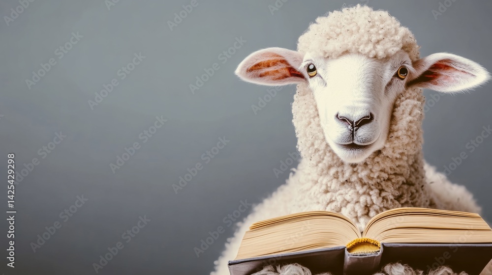 Poster sheep is sitting on a book and looking at the camera. the sheep is holding the book open and he is r