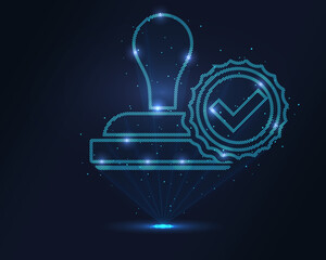 Stamp hologram. Futuristic holographic projection of a stamp with glowing energy flux and certification design. Perfect for business, approval, and branding concepts