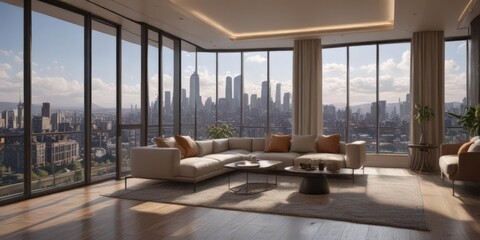 Luxury high-rise apartment, panoramic city vista,  skyline,  view