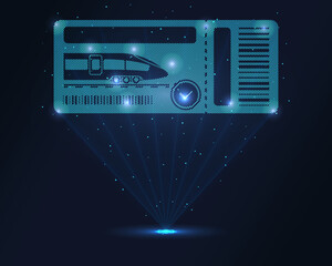 Train ticket hologram. Futuristic holographic projection of a train ticket with glowing energy flux and travel-themed design. Perfect for rail transport, tourism, and journey concepts