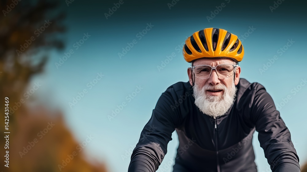Poster man wearing a yellow helmet and glasses is riding a bicycle. he is smiling and he is enjoying himsel