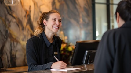 A woman is smiling at a reception desk