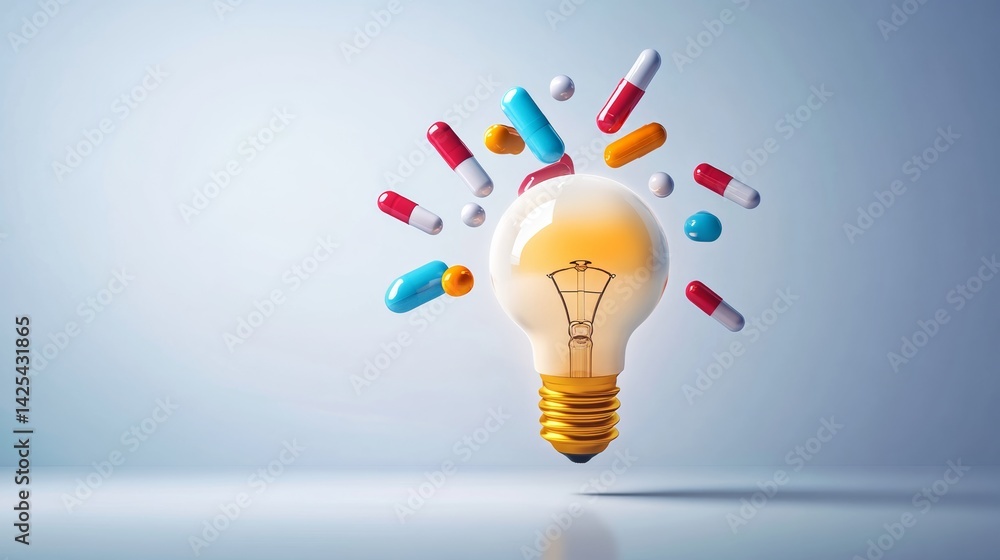 Poster light bulb is surrounded by pills and a label that says 