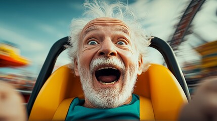 Man in a yellow seat is laughing and smiling as he rides a roller coaster. Concept of excitement and joy, as the man is clearly enjoying the thrilling experience