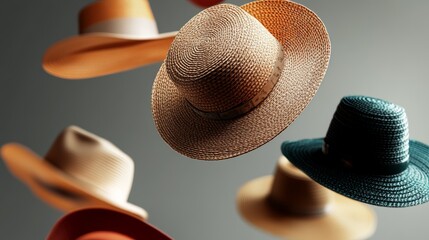 Collection of hats in various colors and styles, including straw hats and fedoras. The hats are suspended in mid-air, giving the impression of a fashion show or a display of hats