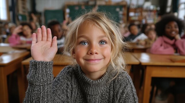 Happy Schoolgirl Raising Hand to Participate in Class