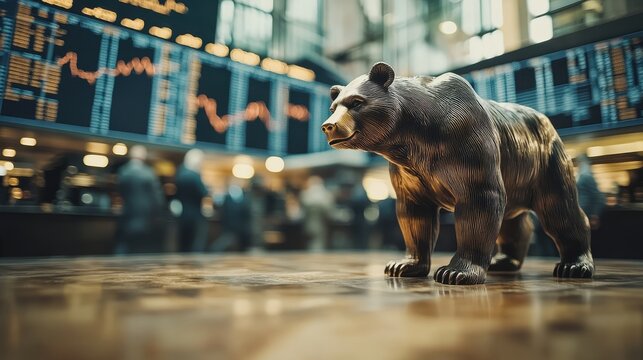 Bear Market Symbol: Low Angle Bear Statue, Stock Charts Behind