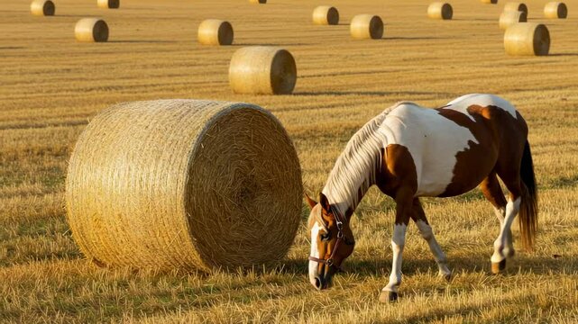 A serene horse grazing near large straw bales in a golden field under a clear blue sky - beautiful paint horses