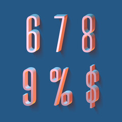 set of 3d pink numbers on blue background, 3d illustration, condensed font, six, seven, eight, nine, percent, dollar sign