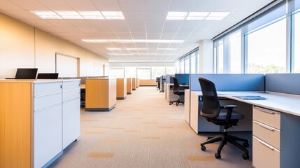 Modern office interior showcasing empty workstations and natural light through large windows