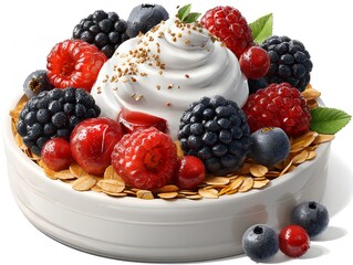 A delicious and healthy breakfast bowl features creamy yogurt topped with fresh raspberries blackberries blueberries and oats.