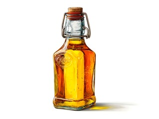A detailed illustration shows a glass bottle of golden cooking oil with a swing-top closure against a white background.