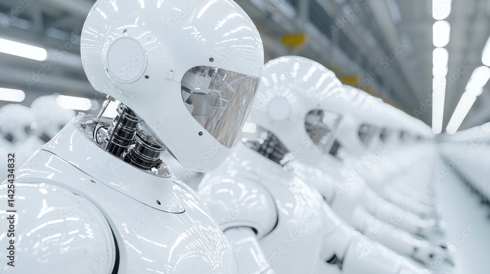 Poster rows of futuristic white robots in a factory