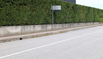 Blank traffic indication signs  in top of a pole on concrete sidewalk at the roadside. Fence with high hedge on behind, road by side. Background for copy space.