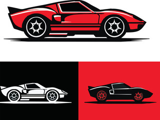 Classic Car Designs in Bold Color: Showcasing a series of classic sports car illustrations in vibrant red, sleek white, and elegant black.