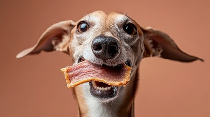 Dog is eating a piece of bacon. The dog is smiling and he is enjoying the food