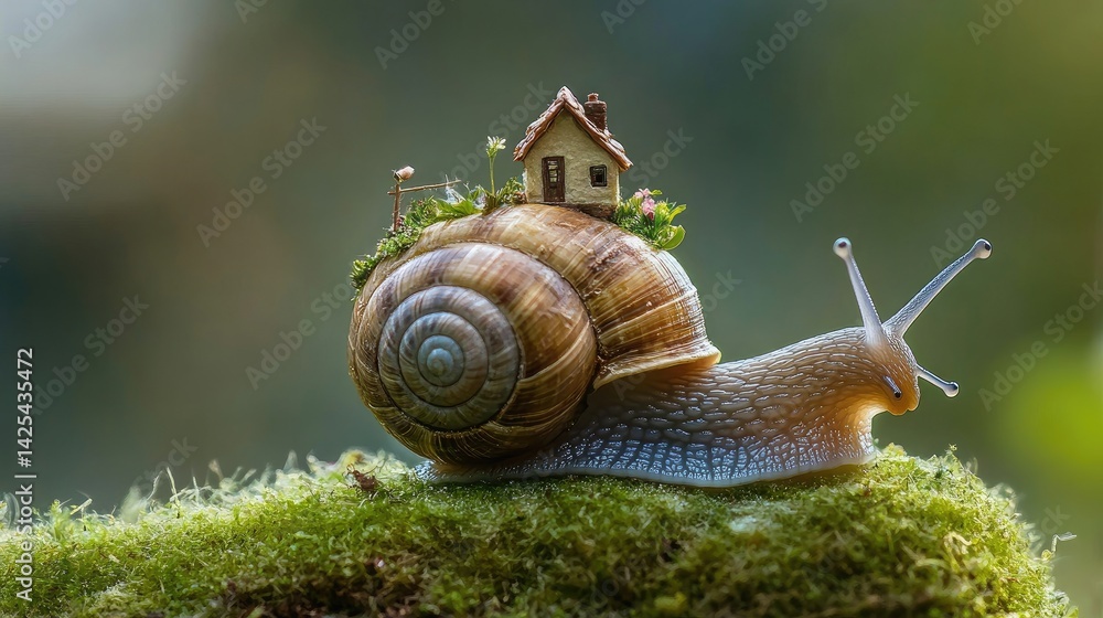 Aufkleber Detailed macro shot of a snail with a tiny house on its shell, natural setting