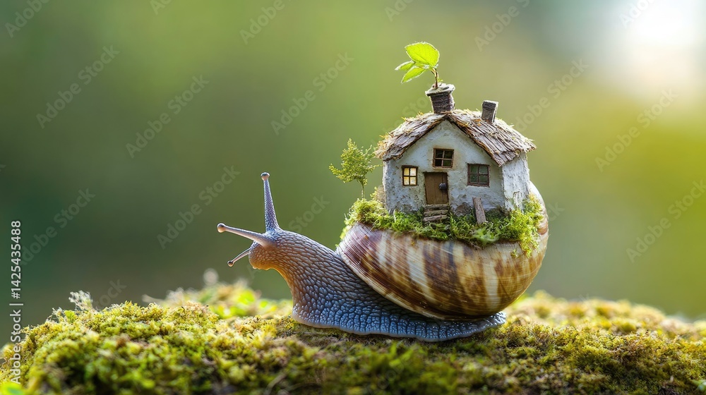 Poster Detailed macro shot of a snail with a tiny house on its shell, natural setting