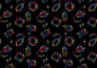 手描き風カラフルジュエリーのシームレスパターン（黒背景）