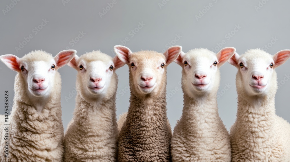 Poster five sheep are standing in a row, all with different shades of white fur. the sheep are all smiling 