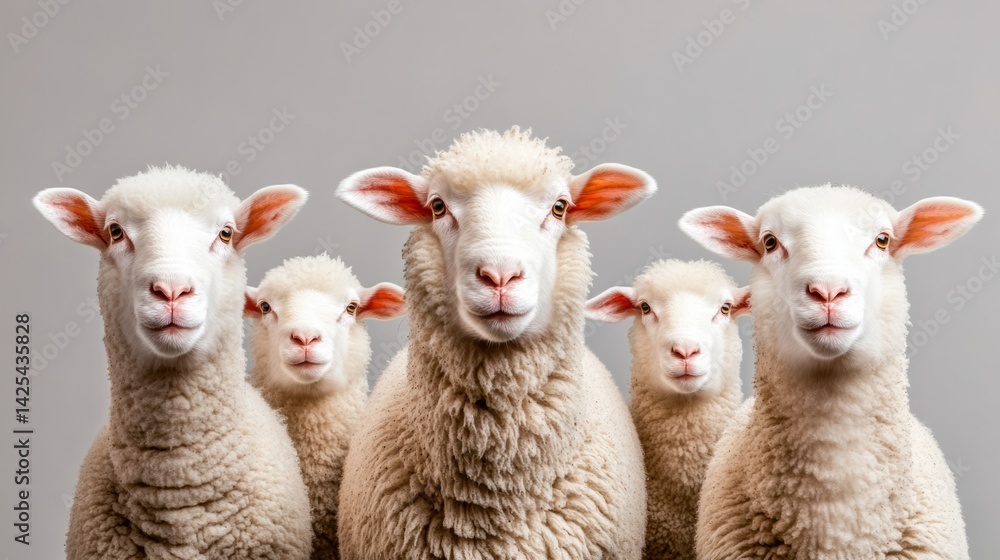 Poster group of sheep are standing in a row, with their heads turned towards the camera. the sheep are all 