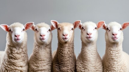 Fototapeta premium Five sheep are standing in a row, all with different shades of white fur. The sheep are all smiling and looking at the camera, creating a warm and friendly atmosphere