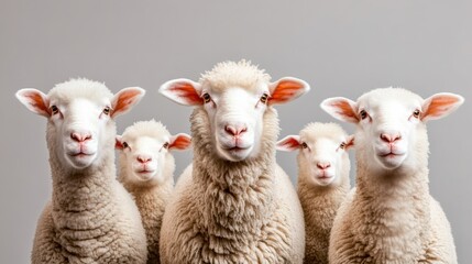 Fototapeta premium Group of sheep are standing in a row, with their heads turned towards the camera. The sheep are all white and appear to be looking at the camera, creating a sense of curiosity and interest