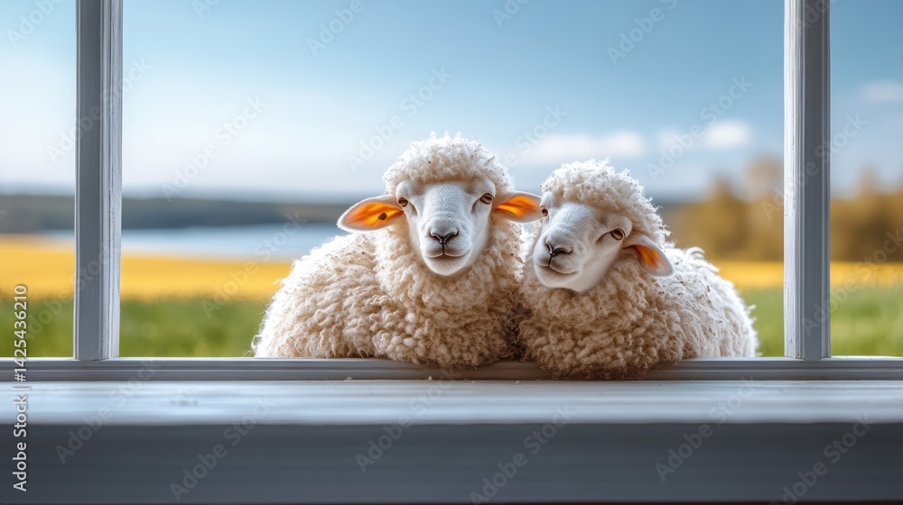 Poster two sheep are laying on a window sill, looking out at the world. scene is peaceful and calm, as the 