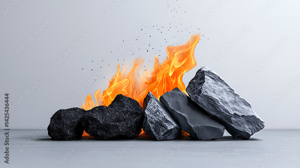 Poster igniting fire from coal and rocks studio setting digital artwork modern environment close-up view en