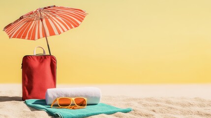 Red suitcase is on a beach with a yellow towel and an umbrella. The scene is bright and cheerful, with the umbrella providing shade and the towel and suitcase suggesting a day of relaxation and fun
