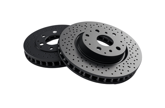 Inspecting Gray Brake Discs with Cooling Vents and Drilled Holes