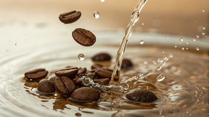 Coffee beans blend into a lively spring water stream creating ripples and splashes of rich aroma