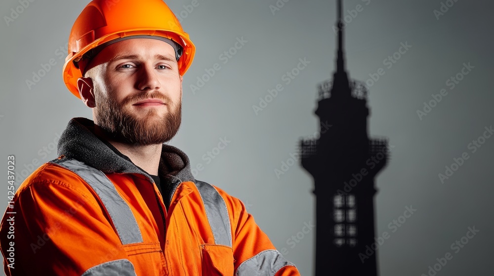 Poster man in an orange safety vest is standing in front of a tall building. he is smiling and looking at t