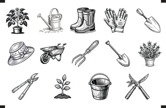 Gardening tools plants and accessories hand drawn illustrations set