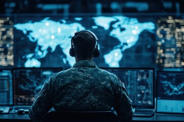Military personnel monitoring global data from an advanced command center at night