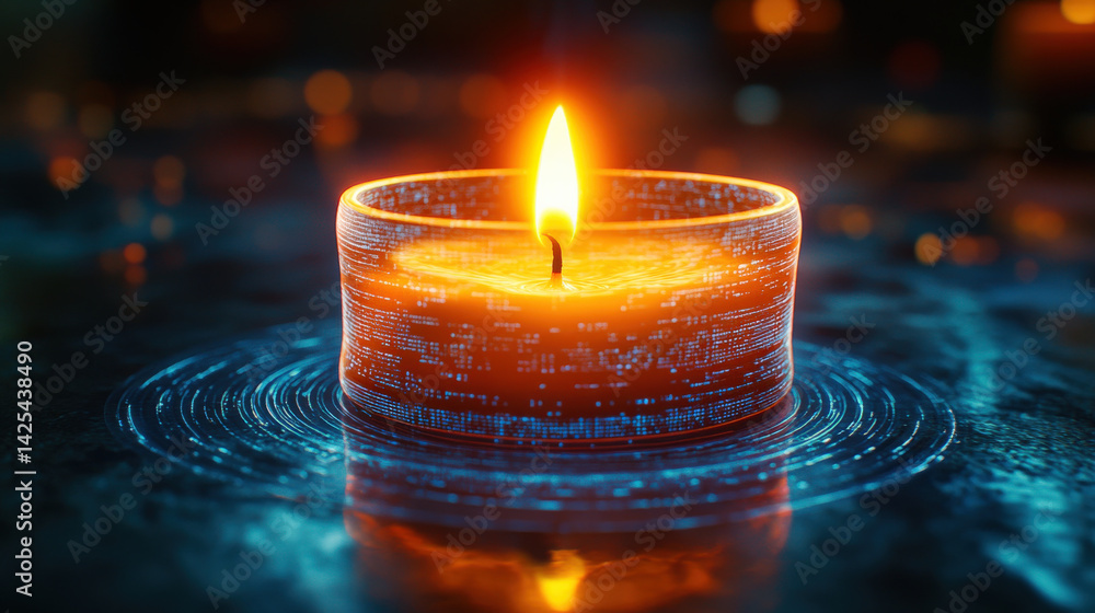 Fototapete glowing holographic candle emits warm light, surrounded by digital patterns on reflective surface, c