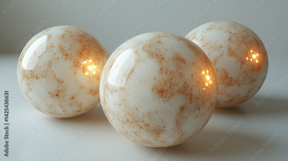 Leinwandbilder Three realistic, glowing stress relief balls with marbled pattern are placed on smooth surface, creating calming and serene atmosphere. soft lighting enhances their glossy texture