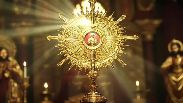 Radiant golden monstrance illuminated in a sacred space, with candles and religious figures in background