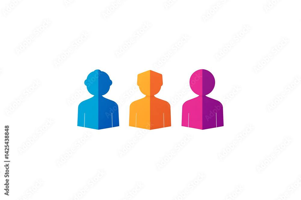 Poster team of colorful figures: a visually captivating, minimalist image featuring three distinct colorful