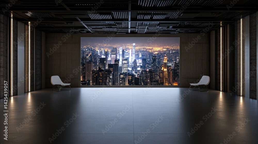 Poster minimalist futuristic conference room, holographic display projecting a cityscape, walls adorned wit