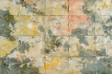 Abstract tiled wall art, featuring a mix of muted colors and textures.  Each tile shows a unique blend of hues, creating an interesting pattern
