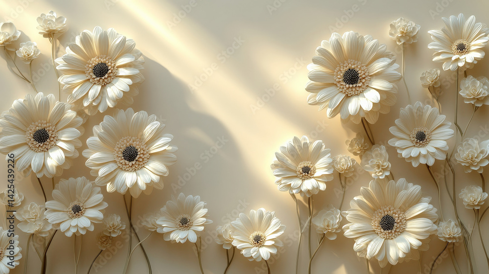 Poster elegant white flowers with soft shadows create serene and minimalist atmosphere, perfect for peacefu