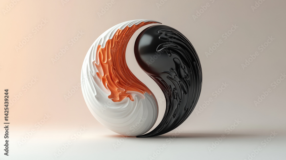 Aufkleber dynamic, swirling representation of yin yang symbol with contrasting black and orange colors, set against soft gradient background, symbolizing balance and harmony